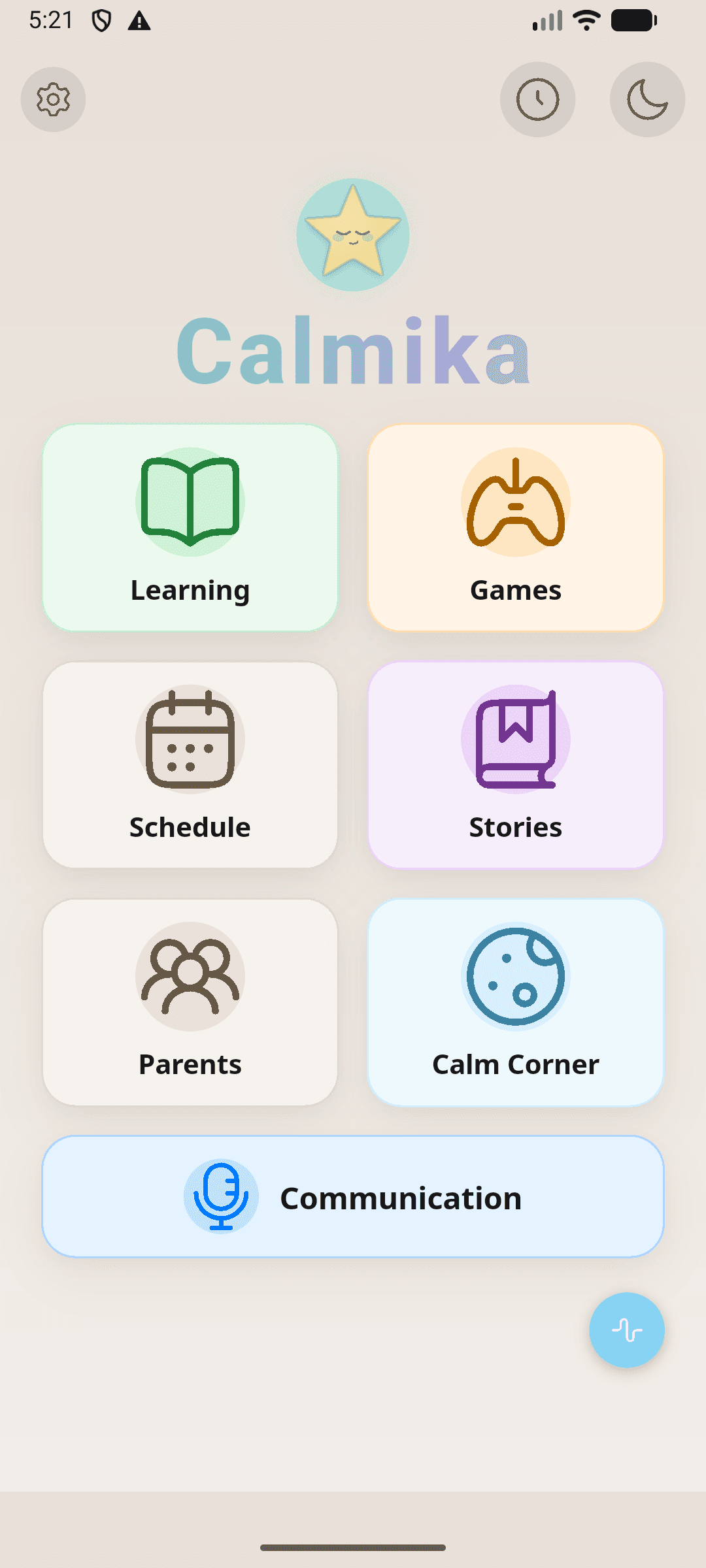 Calmika app home screen showing learning modules